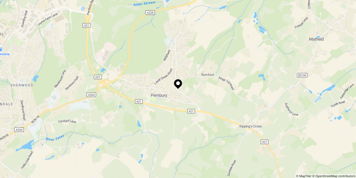Approximate location of Henwoods Crescent, Pembury, Tunbridge Wells, TN2 4LL